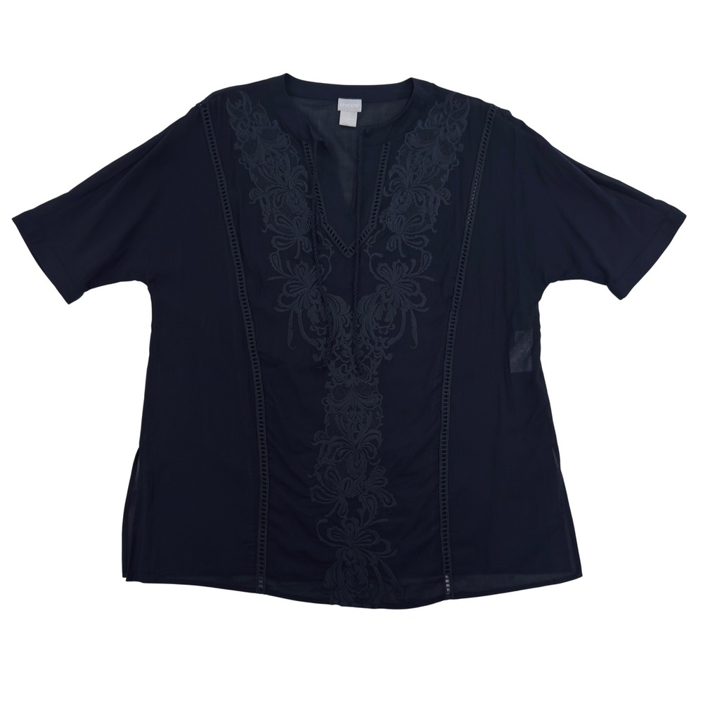 Chicos Tunic Top Womens Size 1 Navy Embroidered Semi‎ Sheer V Neck Resort Wear